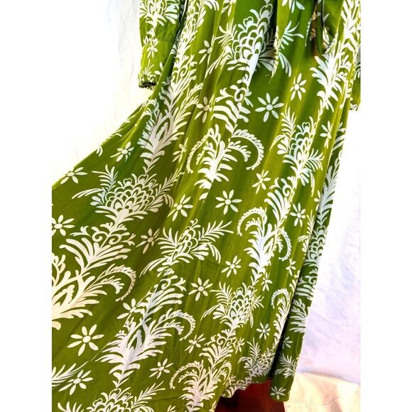 Made in TURKEY ZARA Maxi Dress L/S Button Front Cuff Green White Floral Belt S - Picture 7 of 8